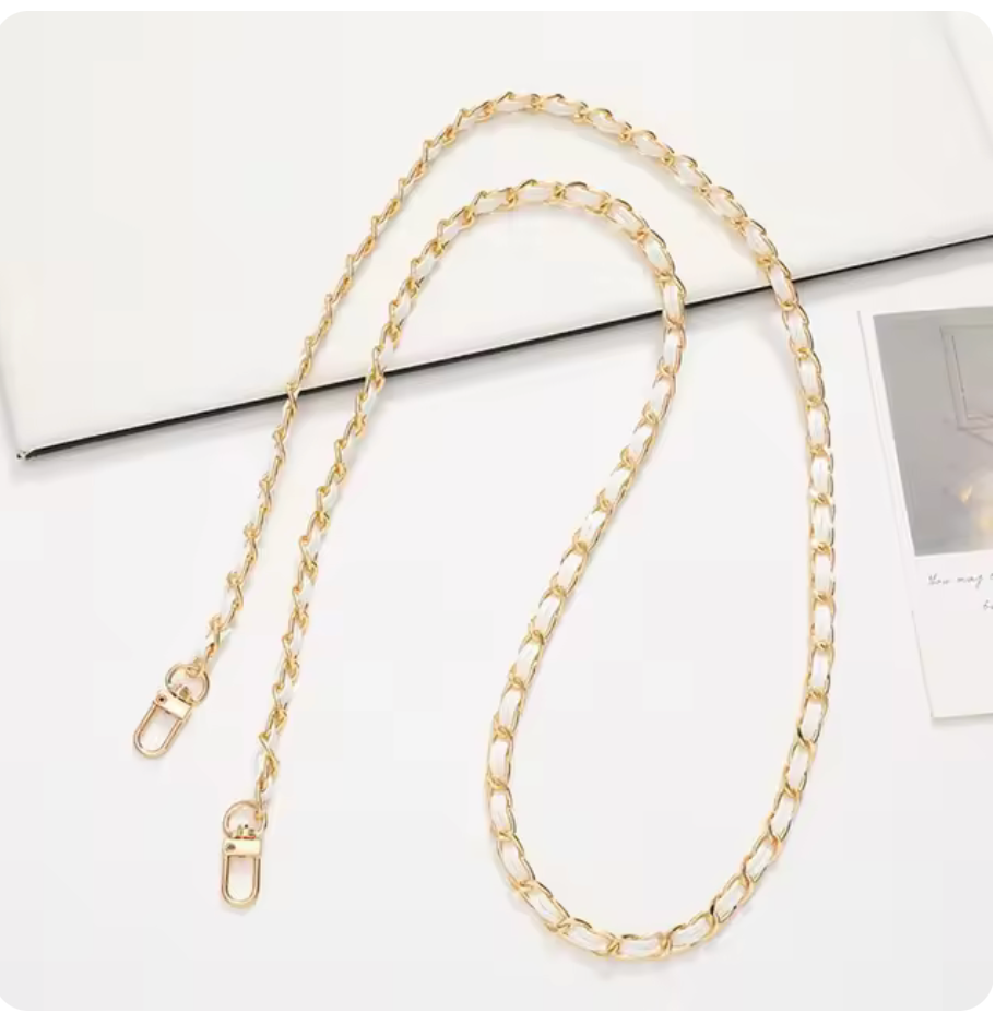 Tracolla a catena per borsa con inserto di pelle bianco 110cm