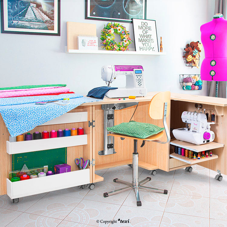 Folding sewing machine and overlocker – tailoring workshop, light oak color 